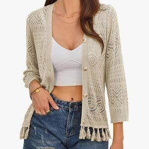 GRACE KARIN V-Neck Boho Crochet Knit Button Cardigan Sweater With Tassles 2XL